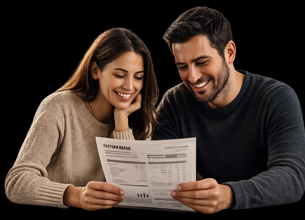 Pareja revisando su factura de luz con AllPower Energy